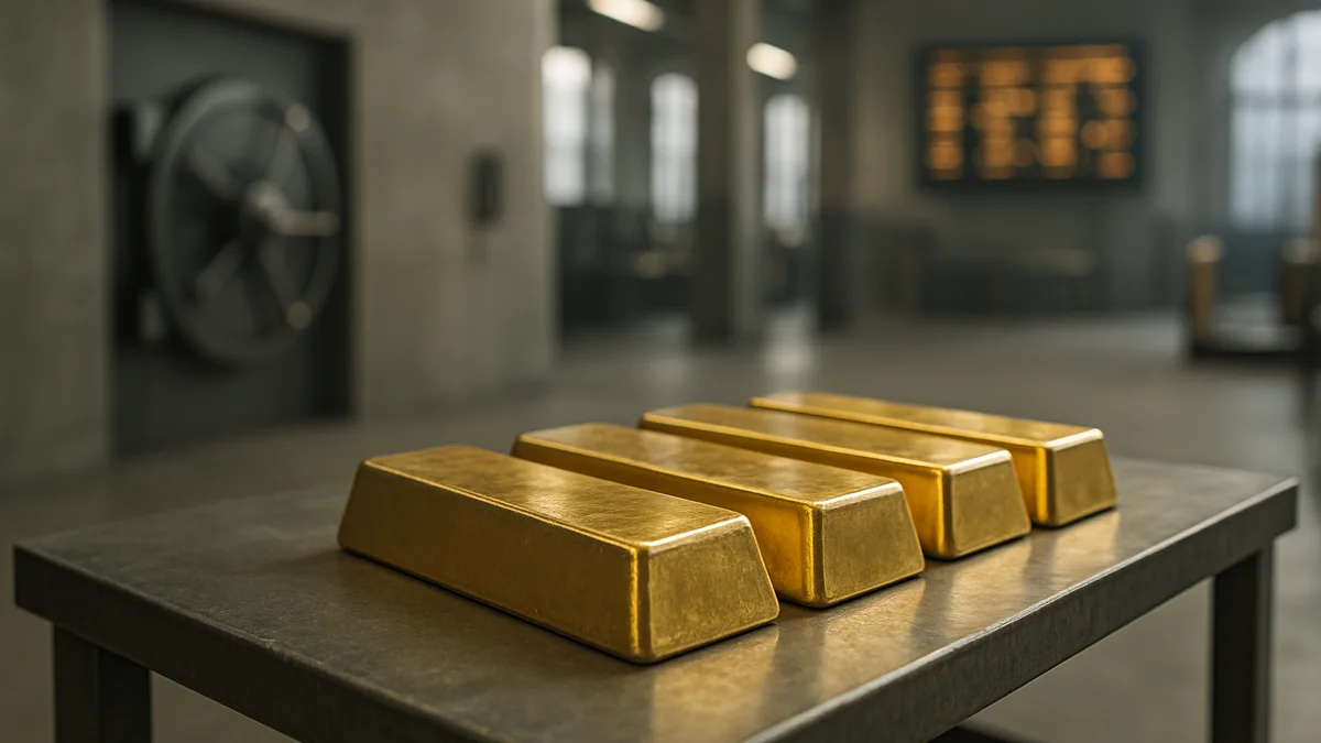 Sztabki złota ułożone na metalowym stole w hali rafinerii, zdjęcie ilustracyjne do newsa o planowanej rafinerii metali szlachetnych w Hongkongu